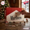 Marlboro Advent Calendar 2026 featuring red and white packaging with twenty-four acrylic ornaments on a wooden table.