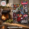 Marvel Super Heroes 2026 Advent Calendar featuring stylized character figurines, comic artwork, and numbered cardboard windows.