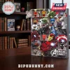Marvel Super Heroes 2026 Advent Calendar featuring 24 numbered slots with miniature figurines on a dark wooden desk.