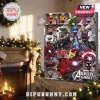 Marvel Super Heroes 2026 Advent Calendar featuring 24 numbered doors with miniature vinyl figure character illustrations.