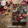Marvel Super Heroes 2026 Advent Calendar featuring stylized character figurines in numbered cardboard slots on wooden table.