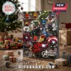 Marvel Super Heroes 2026 Advent Calendar featuring 24 numbered slots with miniature bobblehead figures on a wooden surface.