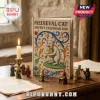 Medieval Cat 2026 Advent Calendar book featuring a cat musician illustration with surrounding miniature cat figurines.