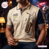 Close-up of a man wearing the Men's Jazz Soul Saxophone Polo Shirt featuring saxophone and musical note graphics.