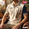 Front view of a men's jazz soul saxophone polo shirt in beige and navy blue with musical notes.