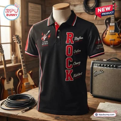 Men’s Rock Electric Guitar Black Polo Shirt