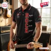 Front view of a man wearing a Men's Rock Electric Guitar Black Polo Shirt holding a guitar.