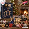Front view of Merry Christmas Elvis Presley Advent Calendar 2026 with themed holiday trinkets on a wooden table.