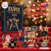 Front view of the Merry Christmas Elvis Presley Advent Calendar 2026 box with musical charms displayed on red steps.