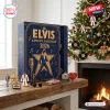 Front view of Merry Christmas Elvis Presley Advent Calendar 2026 with themed ornaments on a wooden mantel.