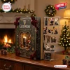 Front view of an open Guinness Advent Calendar with miniature figurines displayed on shelves next to a book-shaped box.