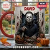 Michael Myers David Custom Halloween Coffee Mug features a horror movie slasher with a knife, pumpkins, and a red handle.