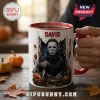 Michael Myers David custom Halloween coffee mug with red handle featuring slasher film horror imagery on white ceramic.