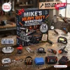 Front view of Mike's Heavy Duty Workshop Advent Calendar 2026 surrounded by tools on a workbench.