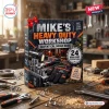 Front view of Mike's Heavy Duty Workshop Advent Calendar 2026 box with tools and work gloves on a workbench.