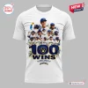 Front view of a white Milwaukee Brewers 100 Wins shirt featuring player graphics and blue typography.