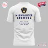 Back view of the Milwaukee Brewers 100 Wins White Shirt featuring team graphics and text.