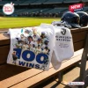 Front and back view of a Milwaukee Brewers 100 Wins White Shirt laid on a wooden bench at a stadium.