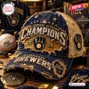 Front view of a Milwaukee Brewers 2026 Champions distressed baseball cap with frayed edges and embroidered team logos.