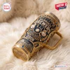 High angle view of a blue and gold Milwaukee Brewers 2026 Champions Stanley tumbler with stadium and baseball graphics.