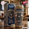 Front view of a Milwaukee Brewers 2026 Champions Stanley Tumbler with gold trim and baseball graphics.