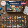 Minecraft Hyperpix Advent Calendar 2026 box with twenty-seven diverse blocky minifigures arranged on a wooden surface.