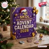 Front view of a purple Minnesota Vikings 65th Anniversary 2026 Advent Calendar on a wooden table with festive ornaments.