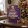 Front view of a purple 2026 advent calendar decorated with holiday ornaments and a viking mascot wearing a santa hat.