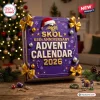 Front view of purple Minnesota Vikings 65th Anniversary 2026 Advent Calendar decorated with gold bows and holiday lights.