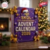Front view of a purple Minnesota Vikings 2026 Advent Calendar decorated with golden bows and a Santa hat.