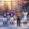 Front view of four hanging ornaments featuring football players and a person in a holiday sweater.