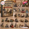 Front view of a Mischievous Pitbull Puppy Advent Calendar box surrounded by miniature puppy figurines.