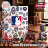 MLB Team Mascot Collectible Advent Calendar featuring team logos, small figurines, and sports memorabilia on a desk.