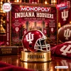 Front view of Indiana University Hoosiers Monopoly game box featuring a miniature red and white football helmet token.