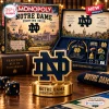 Front view of a Monopoly Notre Dame Fighting Irish Collector Edition board game set including pieces and the game box.