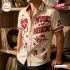 Front view of the Music Is My Medicine Button-Up Hawaiian Shirt featuring red musical notes, stethoscope heart, and pill graphics.