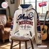 Front view of cream Music Is My Medicine Patch Pullover Hoodie with blue and red details.