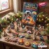 Front view of the Native Spirit Dance 2026 Advent Calendar box and arranged colorful ornaments on a wooden table.