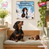Front view of Naughty Dachshunds 2027 Wall Calendar hanging above a wooden bench with a live dog.