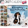 Front view of Naughty Dachshunds 2027 Wall Calendar featuring a puppy chewing toilet paper in a bathroom.