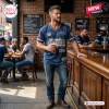 Man wearing a blue distressed t-shirt with sports graphics while holding a beer in a bar setting.