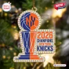 Front view of a New York Knicks 2026 NBA Champions acrylic ornament with a faux rhinestone border and basketball design.