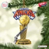 Front view of a hanging ornament shaped like a basketball trophy with the New York Knicks 2026 championship text.