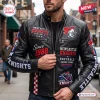 Front view of a Newcastle Knights Football black leather jacket worn by a man on an urban street.