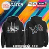 NFL 2026 Crucial Catch Black Pullover Hoodie featuring Detroit Lions branding and colorful pattern graphics.
