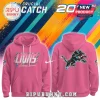NFL 2026 Crucial Catch pink hoodie featuring Detroit Lions team branding and graphics on front and back panels.