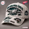 Front view of an NFL Philadelphia Eagles distressed baseball cap featuring embroidered team graphics and text.