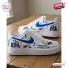 Side view of Nightmare Before Christmas Blue Awareness Air Force 1 Sneakers featuring character artwork and blue ribbons.