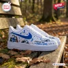 Side view of Nightmare Before Christmas Blue Awareness Air Force 1 Sneakers on wooden park bench.