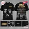 Front and back view of a black Oasis Band Tour 2027 t-shirt featuring band members and concert dates.